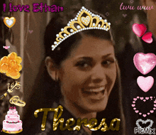 a woman wearing a tiara with the name theresa on it