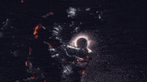 a man in armor is standing in front of a ring of fire