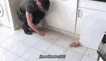 a man is kneeling down in a kitchen with a plate of food on the floor and the words " emotional crisis " above him