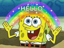 spongebob says hello with a rainbow coming out of his head