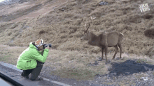 a man in a green jacket is taking a picture of a deer with the words jukin vine behind him