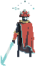 a pixel art illustration of a knight with a sword and a red cape .