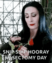 addams from the addams family is holding a red rose in her hands .