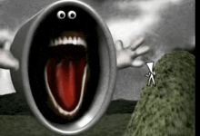 a cartoon character with a huge mouth and tongue sticking out is standing on a hill .
