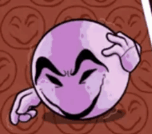 a cartoon drawing of a purple smiley face covering its face with its hand .