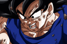 a close up of a dragon ball z character with a blue shirt on