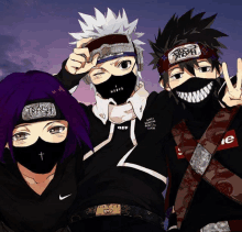 a group of anime characters wearing face masks with one wearing a gucci belt