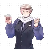 a drawing of a man in a suit and tie holding a glass