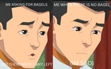 a cartoon of a man asking for bagels and then when there is no bagel