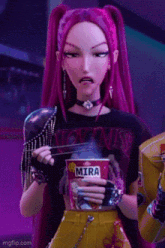 a girl with purple hair is holding a cup of mira ramen