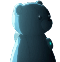 a blue teddy bear with a light on its chest