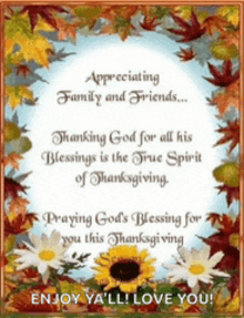 a thanksgiving card with flowers and leaves