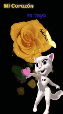 a cartoon cat is holding a heart in front of a yellow rose with the words mi corazon es tuyo above it