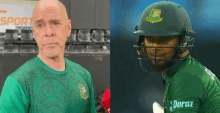 a man in a green shirt and a cricket player in a green helmet .