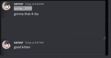 a screenshot of a discord conversation between saroor and bodayo2009