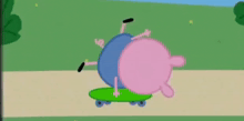 peppa pig is riding a skateboard on a path .