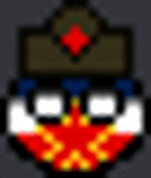 a pixel art drawing of a russian hat with a red cross on it .