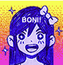 a drawing of a girl with blue hair and a bow in her hair with the words boni written on it .