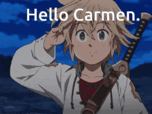 a picture of a boy with a sword and the words hello carmen above him