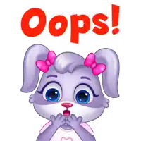 a cartoon rabbit with a pink bow and the word oops above her