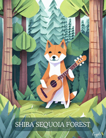 an illustration of a dog playing a guitar in a forest