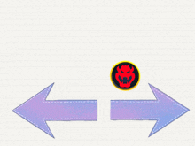 two arrows pointing in opposite directions with a red circle with a devil face on it