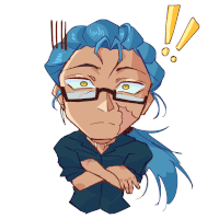 a cartoon of a man with blue hair and glasses