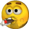 a yellow smiley face is smoking a cigarette with a red lighter in its mouth .