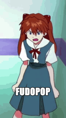 a cartoon girl with red hair is standing in front of a sign that says fudopop on it