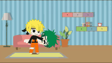 a cartoon of naruto and deku standing in a living room .