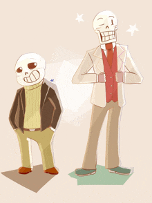 two skeletons standing next to each other with one wearing a suit