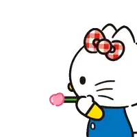 hello kitty blowing a heart shaped bubble with an ok balloon