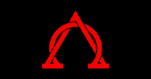 a red symbol on a black background that looks like a triangle and a circle .