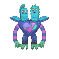 a cartoon monster with two heads and a heart in its chest