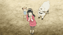 a girl in a pink shirt stands next to a white dog holding a tennis racket