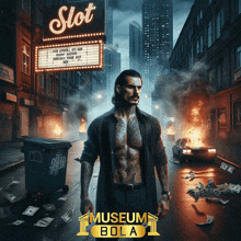 a man with tattoos stands in front of a slot sign