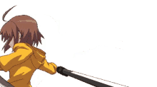 a girl in a yellow hoodie is holding a sword in her hand .