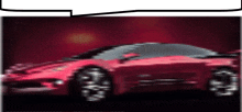 a red sports car is sitting in front of a red background with a speech bubble above it .