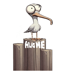 a cartoon bird is standing on a wooden post that says hugme