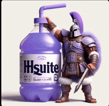 a purple bottle of hsuite sits next to a knight