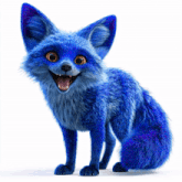 a blue fox with its mouth open is smiling for the camera