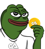 a green frog is holding a gold coin with the letter ca on it