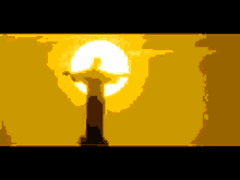 a pixel art of a statue of jesus with the sun shining behind it