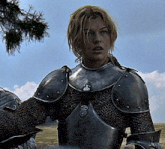 a woman in chain mail armor stands in a field with a tree in the background