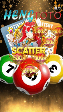 an advertisement for hengtoto lottery with balls and a girl