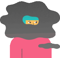 a cartoon drawing of a person with a gray cloud covering their face