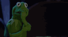 kermit the frog is covering his mouth with his hand and looking at the camera