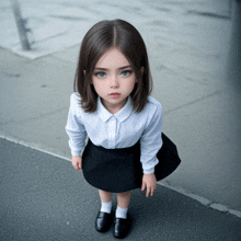 a little girl wearing a white shirt and black skirt stands on a sidewalk