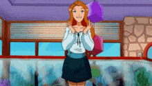 a cartoon girl is holding a purple cube in her hands while standing in front of a window .