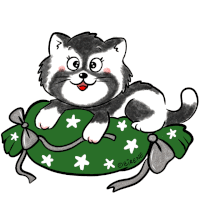 a cartoon drawing of a cat laying on a green candy with the name obirene written on the bottom